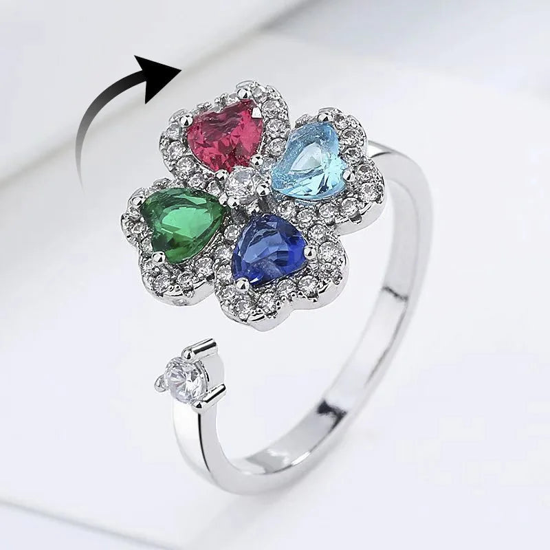 Rotating Four-leaf Clover Zircon Rings Colorful Multi-color Shining Adjustable Open Ring Women High-end Light Luxury Accessories