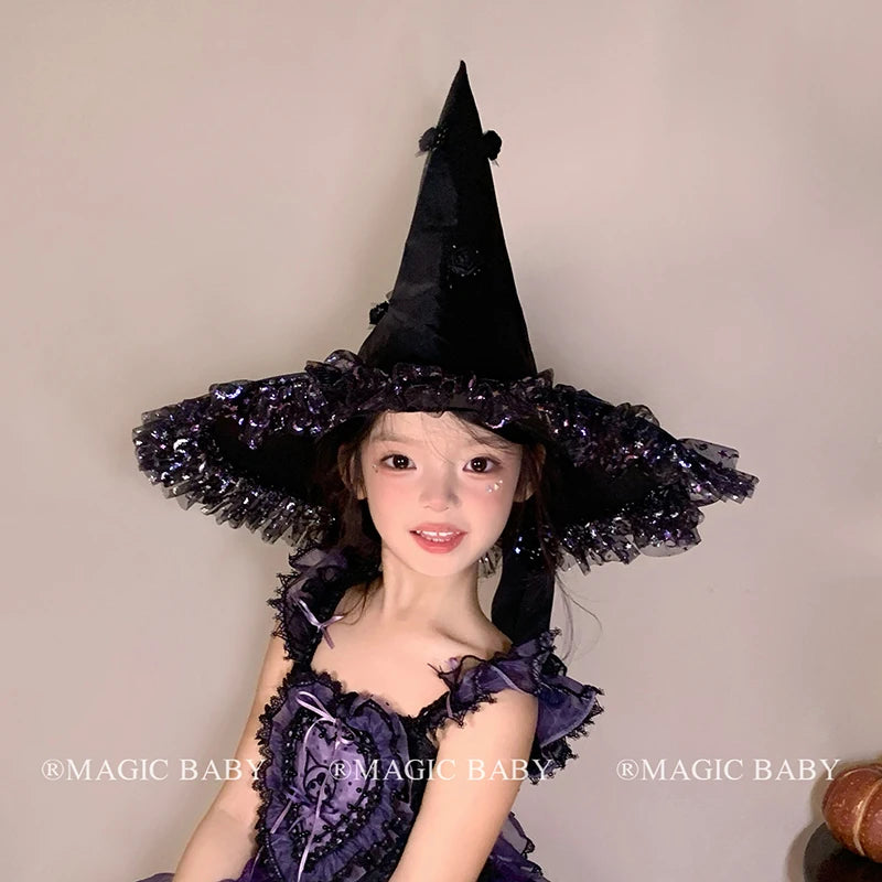Halloween Witch Hat for Kids Butterfly Skull Spooky Cute Children Costume Party Headwear Trick or Treat Magic Witchcraft Gift