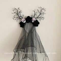 Halloween Black Branch Rose Veil Headband for Women Funny Skeleton Ghost Bride Mesh Hair Band Glow in the Dark Hair Accessories