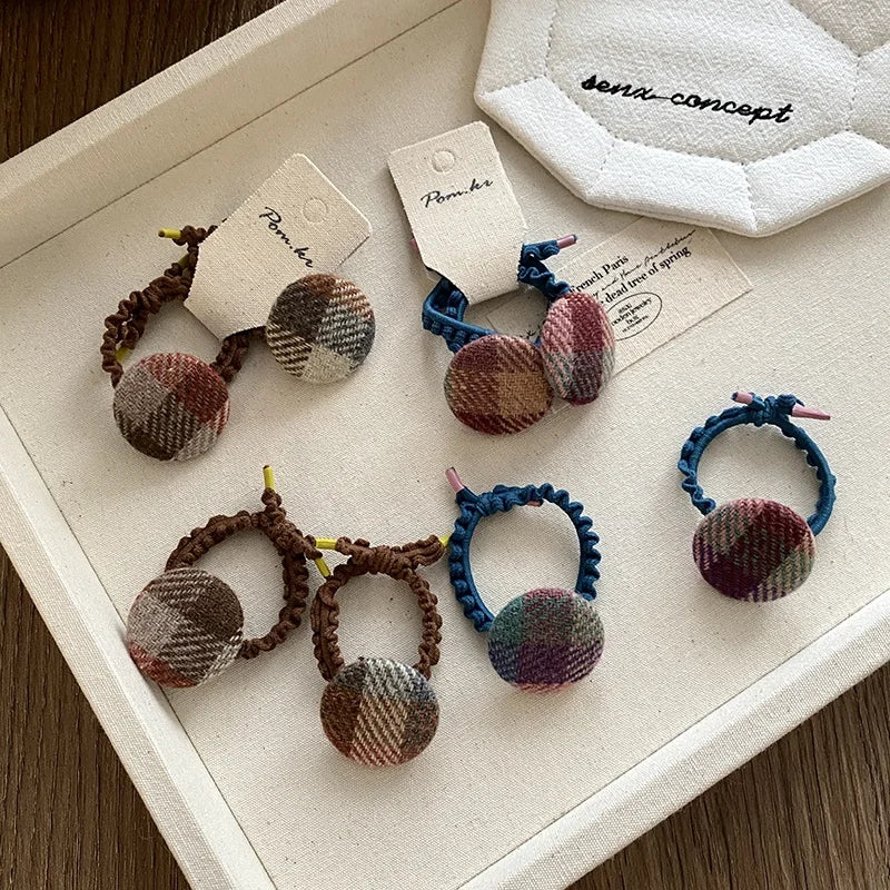 Fashion French Style Button Plaid Scrunchies for Baby Girls High Elastic Hair Ties for Kids Children Hair Accessories in Stock