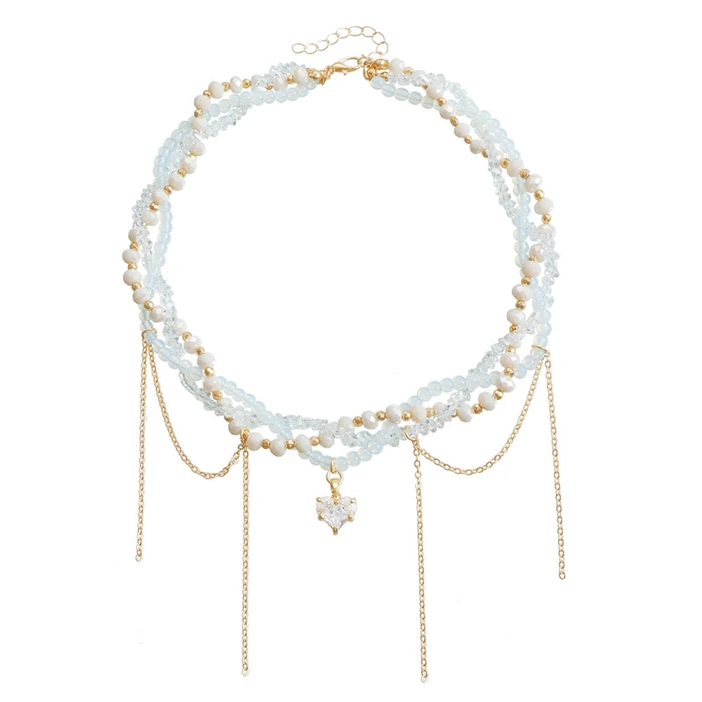 Fashion Glitter Bead Heart Shaped Link Glitter Necklaces for Girls Sweet Cute Glamorous Jewelry for Women Ladies Accessories