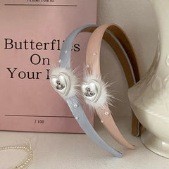 Women's Sweet Cute Headbands Light Blue Pink Fluffy Heart Hairband Pearl Design High-end Hair Accessories Spring Wholesale New