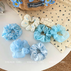 Hot Sale Women's Hair Ties Blue Solid Color with Cute Sweet Plaid Bowknot Scunchie Fashionable Flower Accessories for Girls