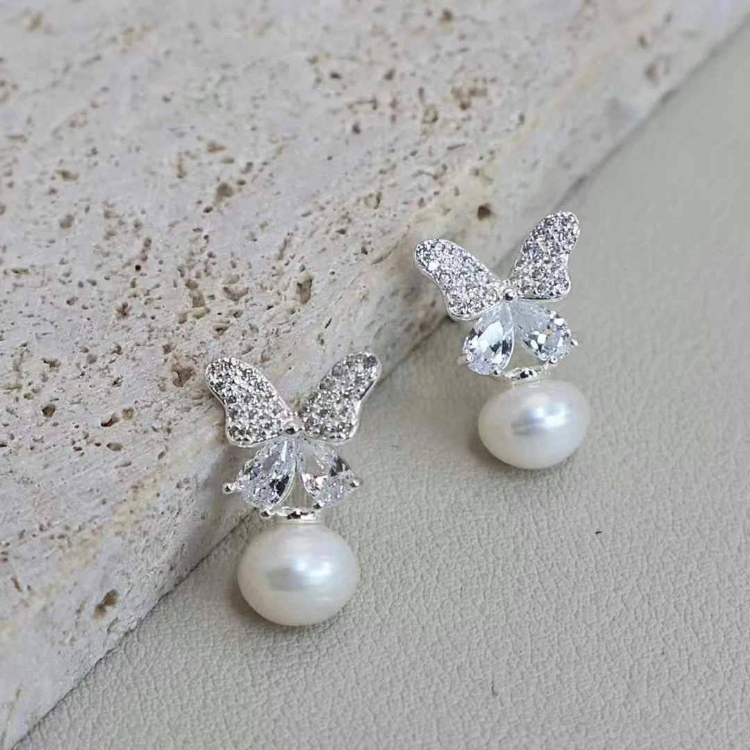 Ladies Hot Sale Butterfly Imitation Pearl Small Drop Earring Fashion Glitter Charms Wholesale High Quality Jewelry Accessories