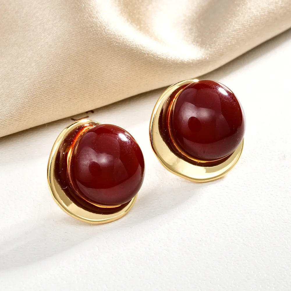 Vintage Burgundy Enamel Stud Earrings Gold Plated Geometric Square Round Minimalist Elegant French Style Ear Jewelry Women Bulk