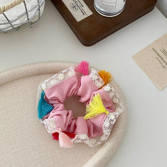 Girls Tassels Balls Decorative Solid Color Large Hair Ties Sweet Ethnic Fashion Ponytail Holder Scrunchies Accessories for Kids