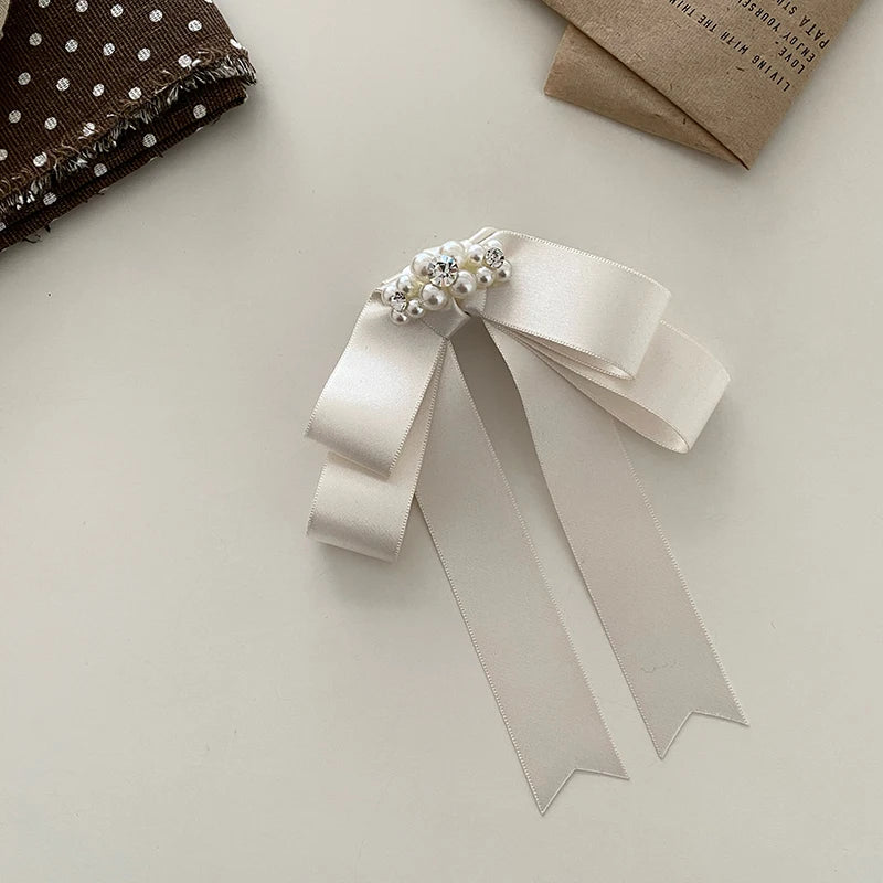 Korean Princess Satin Ribbon Bow Hairpin with Imitation Pearl High-end Hair Clips for Women Sweet Elegant Hair Accessories Bulk