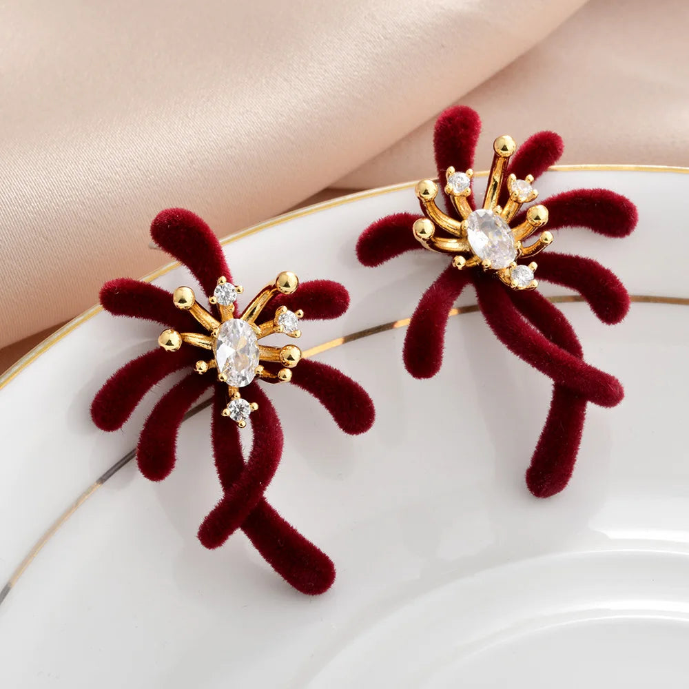 Women's Flocked Irregular Organic Branch Stud Earrings Cubic Zirconia Unique Trendy Exquisite Earrings Accessory Autumn Winter