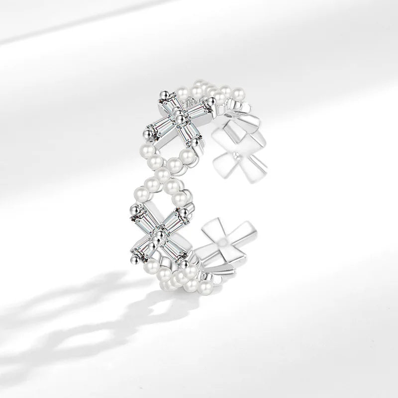 Fashion Imitation Pearl Open Rings Women's Simple Geometric Cross Design Adjustable Ring Elegant Fashion Jewelry Gift Wholesale