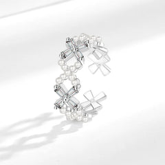 Fashion Imitation Pearl Open Rings Women's Simple Geometric Cross Design Adjustable Ring Elegant Fashion Jewelry Gift Wholesale