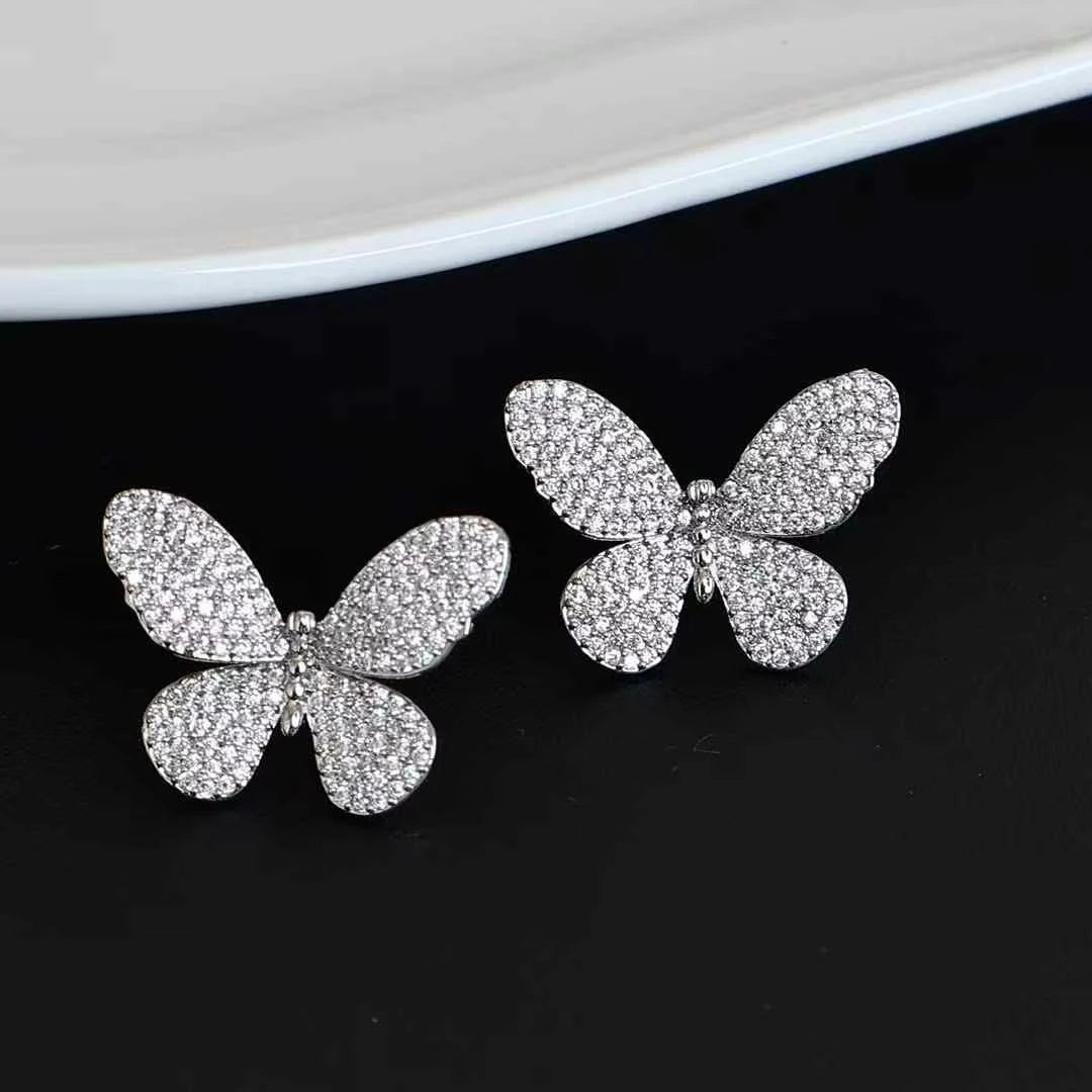Ladies Silver Butterfly Small Rhinestone Stud Earring Sparking Fashion Chic Simple Elegant Bulk Jewelry Accessories for Causal