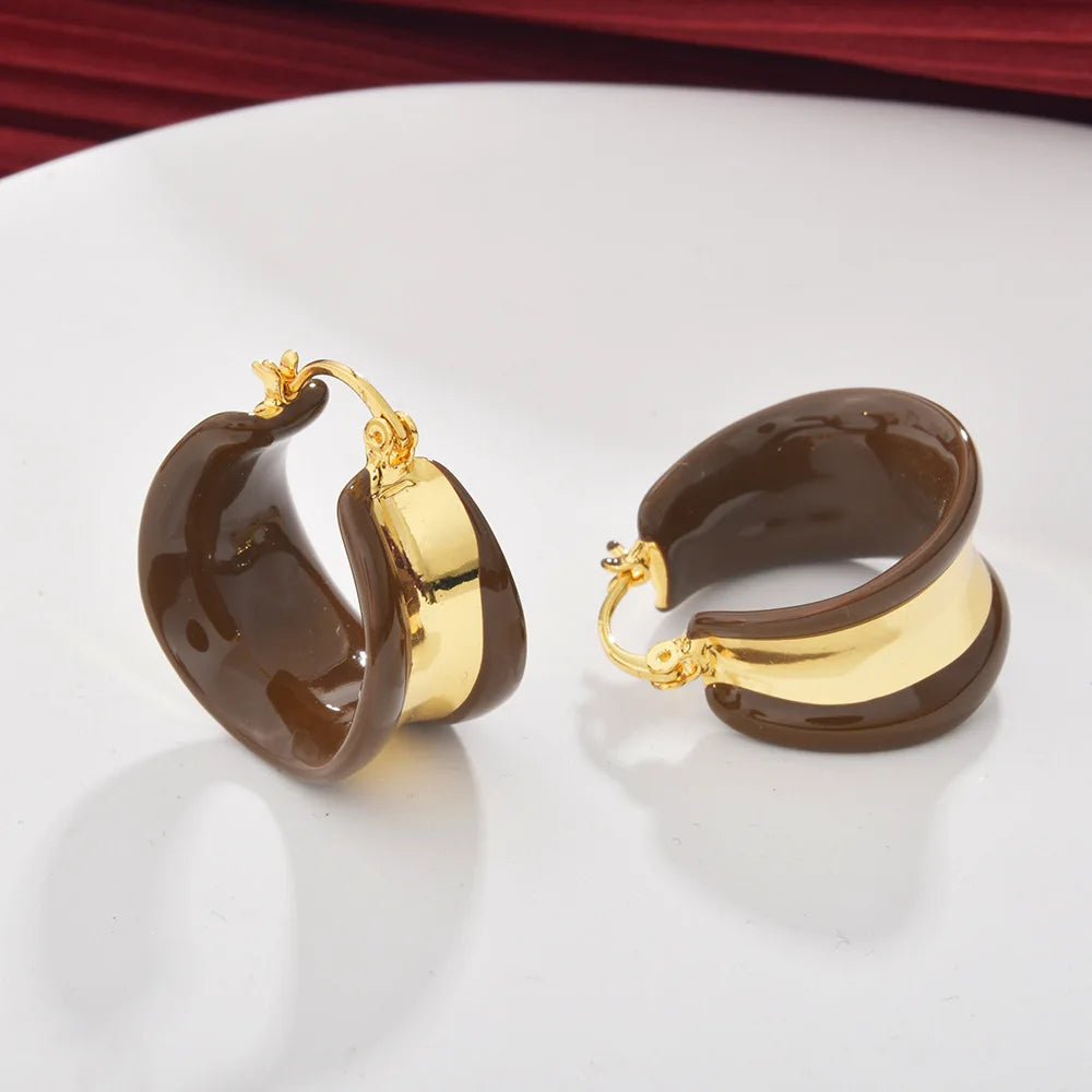 Female Trendy Geometric Earrings Maillard Color Oil Dropping Wide Face Hepburn Style Elegant Retro Chic Fashion Earrings Bulk