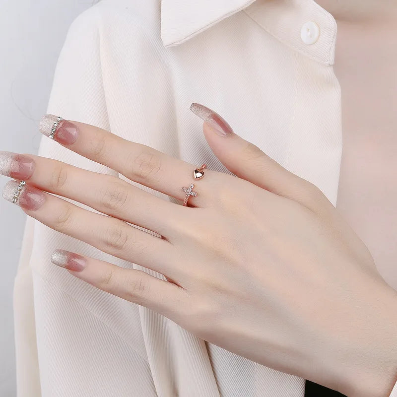 Zircon-encrusted Cross Heart-shaped Opening Rings for Women Couple Simple Rings Unisex in Stock Jewelry Accessories Wholesale