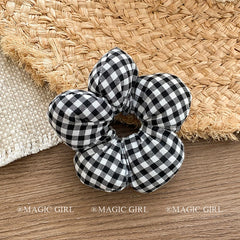 Sweet Cute Flower Shaped Plaid Scunchies for Girls Solid Color Stylish Fashion Hair Ties for Women Ladies Kids Hair Accessories