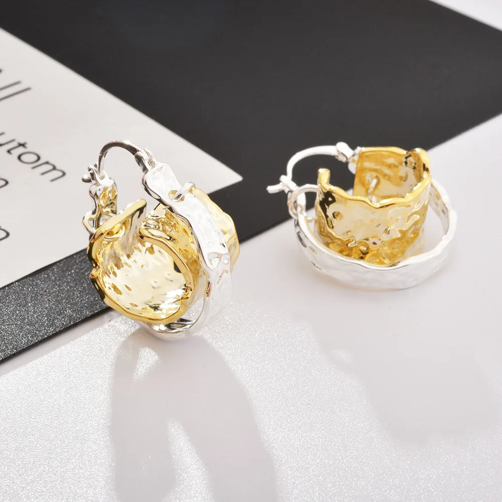 Metal Hammered Hoop Earrings Gold Silver Plated Irregular Wavy Double Layer Chunky Statement Jewelry Women Accessories Wholesale