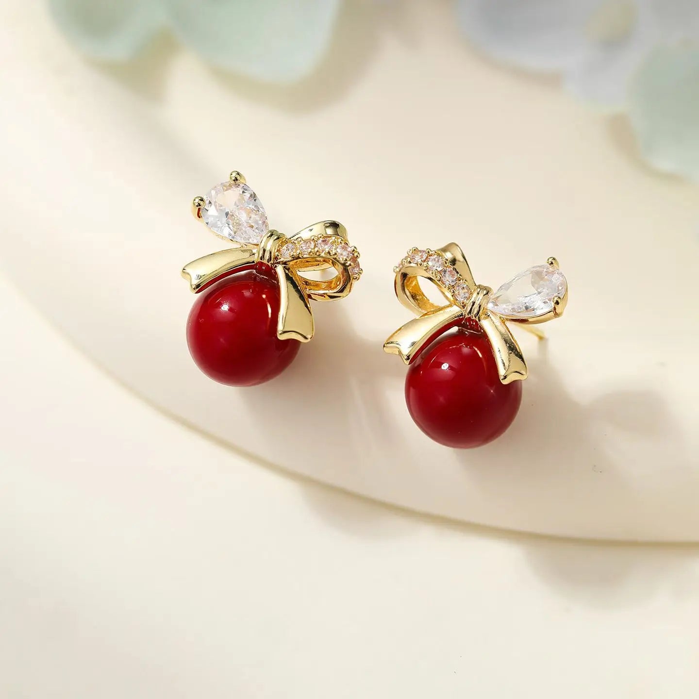 Fashion Trendy Bowknot Fruits Cherry Stud Earrings for Girls Sweet Cute Charms Glamorous Jewelry for Women Ladies Accessories