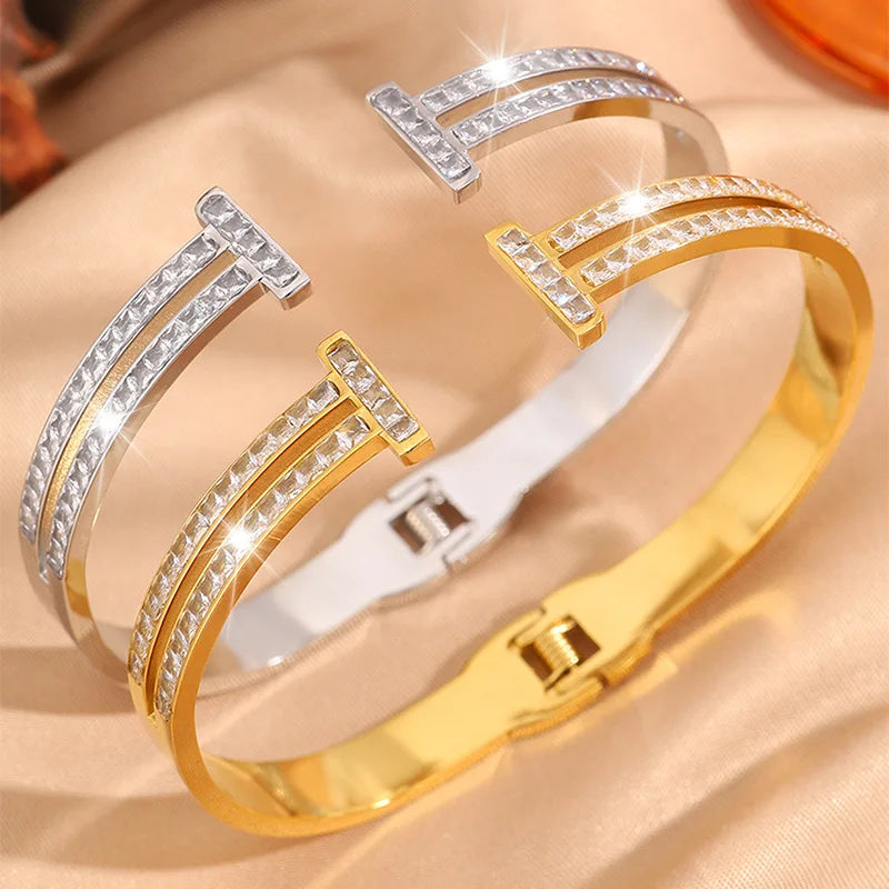 Fashion Elegant Fine Glitter Bangles Titanium Steel Minimalist Trendy Jewelry for Women Ladies Bracelets Accessories Wholesale