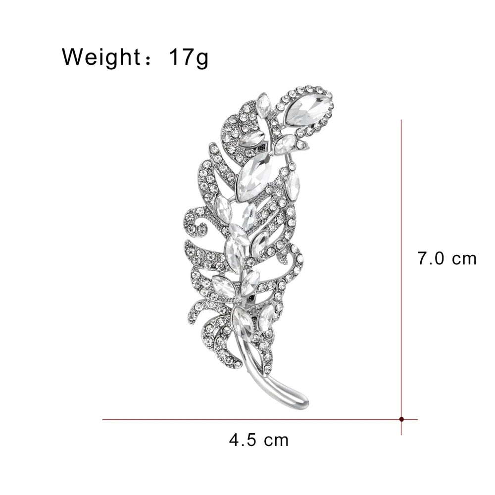 Fashion Rhinestone Glitter Sparking Feather Brooches for Girls Elegant Dainty Sweet Pins Jewelry for Women Ladies Accessories