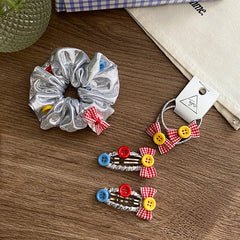 Girls Silver Button Bowknot Chic Headbands Hair Clips Scrunchy Sets Fashion Chic Hair Accessories for Children Thick Thin Hair
