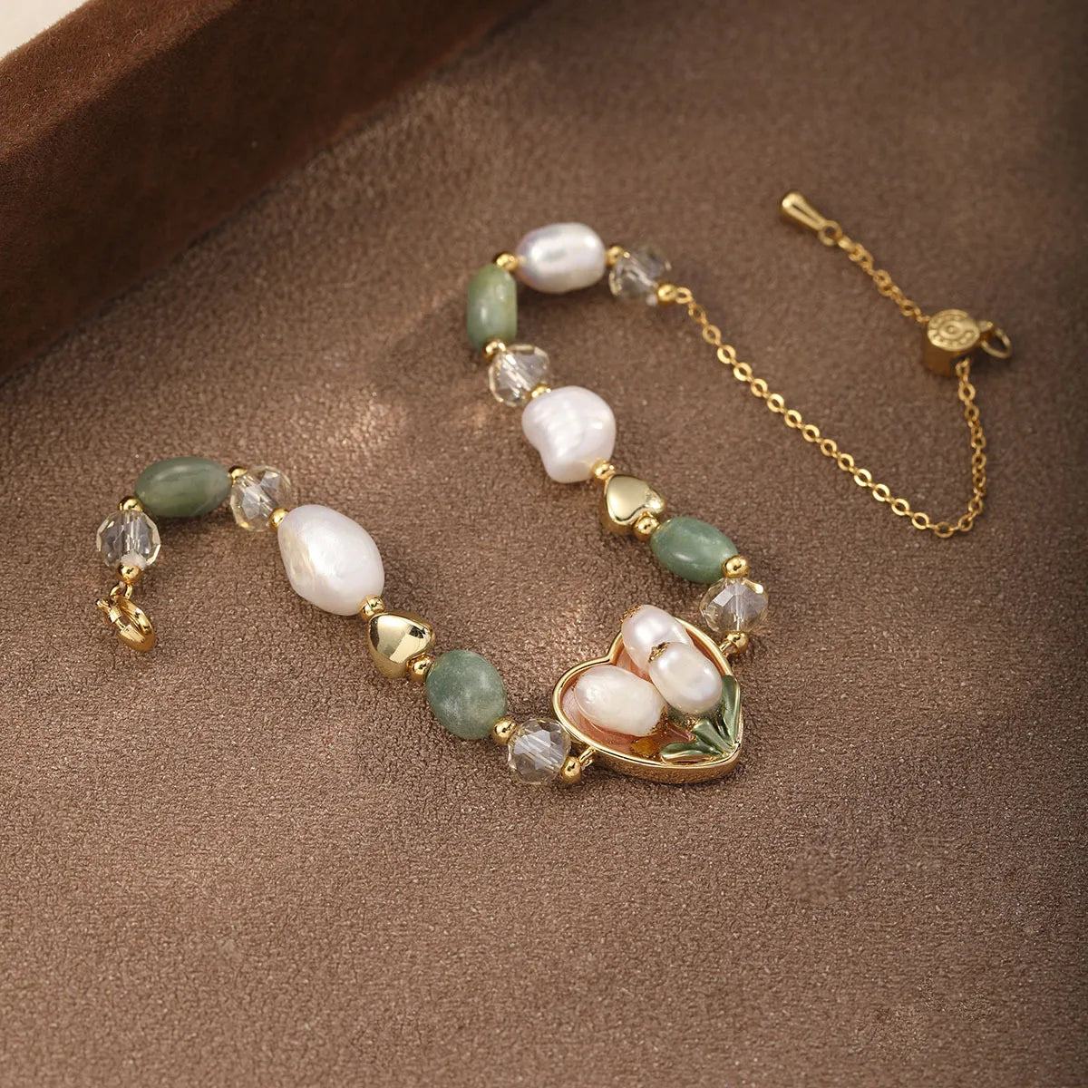 Fashion Freshwater Pearl Green Agate Glass Crystal Bracelets for Girls Vintage Heart Shaped Jewelry for Women Ladies Wholesale
