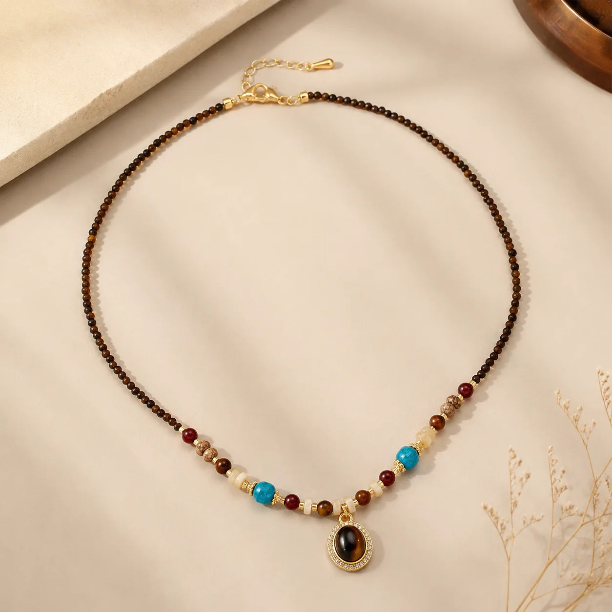 Women Tiger Eye Stone Red Agate Shell Natural Stone 18k Gold-plated Necklace S925 Silver Stud Earring Retro Fashion Jewelry Sets