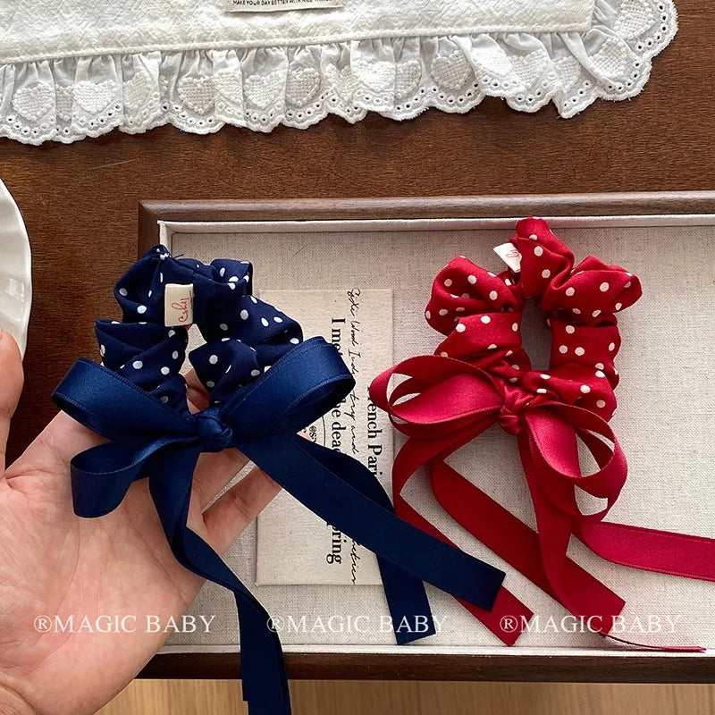 Fashion Polka Dot Ribbon Bowknot Scrunchies for Baby Kids Cute Sweet Hair Ties for Kids Children Hair Accessories in Stock