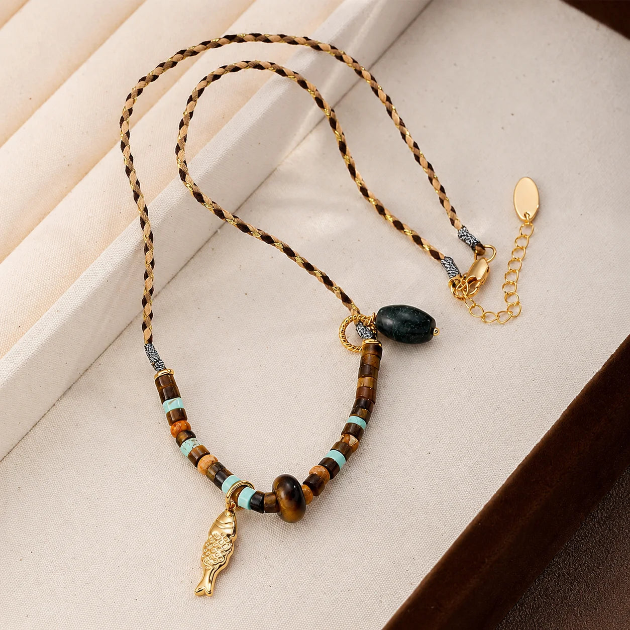 Unisex Tiger Eye Stone Braided Rope Golden Thread Blue Turquoise Necklace Fashion Trendy Factory Price in Stock Daily Jewelry