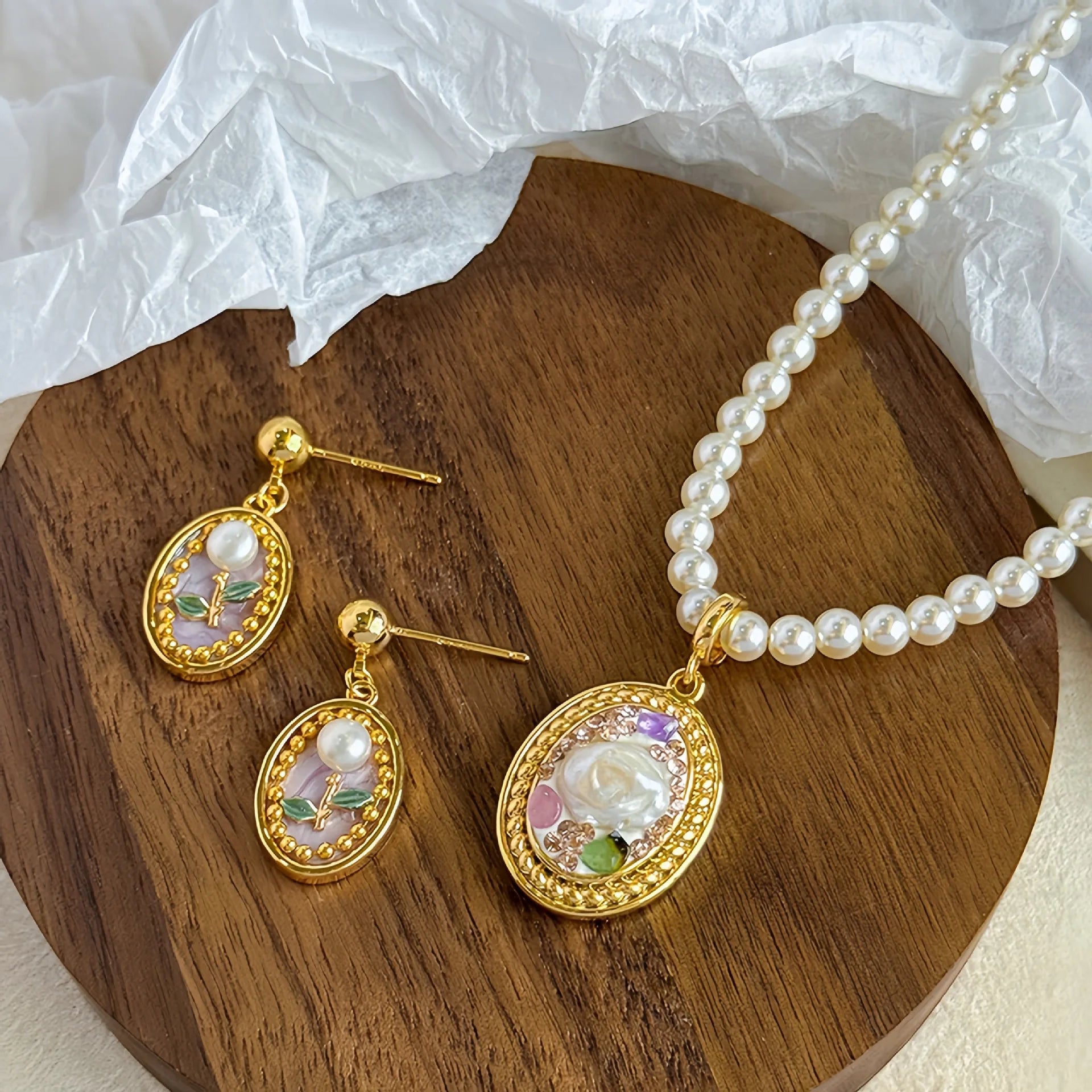 Female S925 Silver Freshwater Pearl 18k Gold-plated Flower Hand-Painted Graffiti Drip Glaze Necklace Earring in Stock Jewelry
