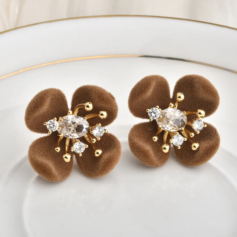 Retro Burgundy Flocked Flower Stud Earrings Ultra-Shiny Zircon-Inlaid Earrings Unique Design Elegant Ear Studs Autumn and Winter