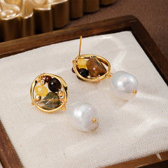 Fashion S925 Silver Baroque Pearl African Turquoise Red Agate Tiger Eye Stone Natural 18K Gold Plated Drop Earrings Jewelry