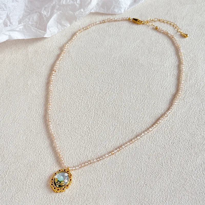 Female 0.2cm Faceted Natural Stone Chain Necklace S925 Silver 18k Gold-plated Earring Drip Glaze Hand-Painted Daily Jewelry Sets