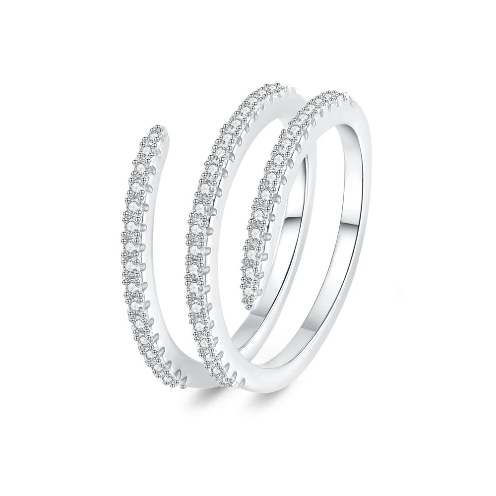 Double Layer Open Ring for Women Adjustable Spiral Band with Cubic Zirconia Light Luxury Elegant Fashion Jewelry Gift Wholesale