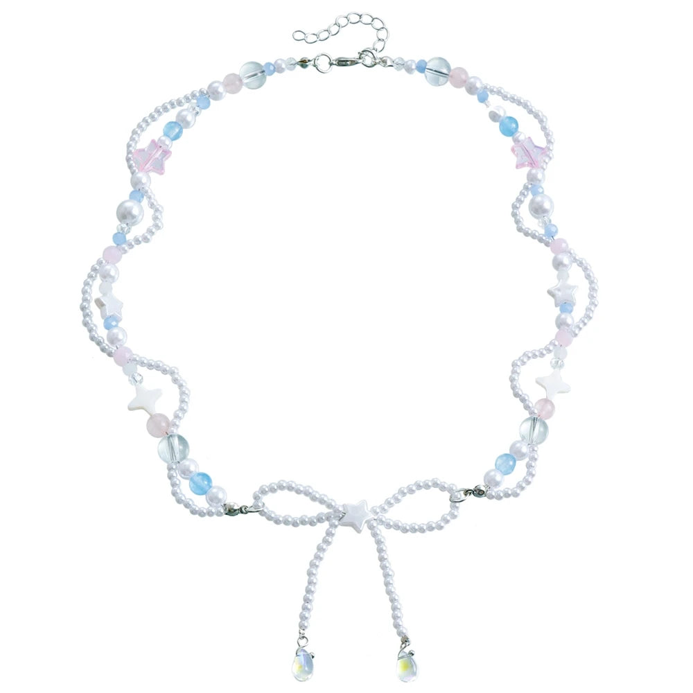 Fashion Sweet Bowknot Beads Princess Style Kawaii Necklaces for Girls Trendy Elegant Jewelry for Women Ladies Accessories