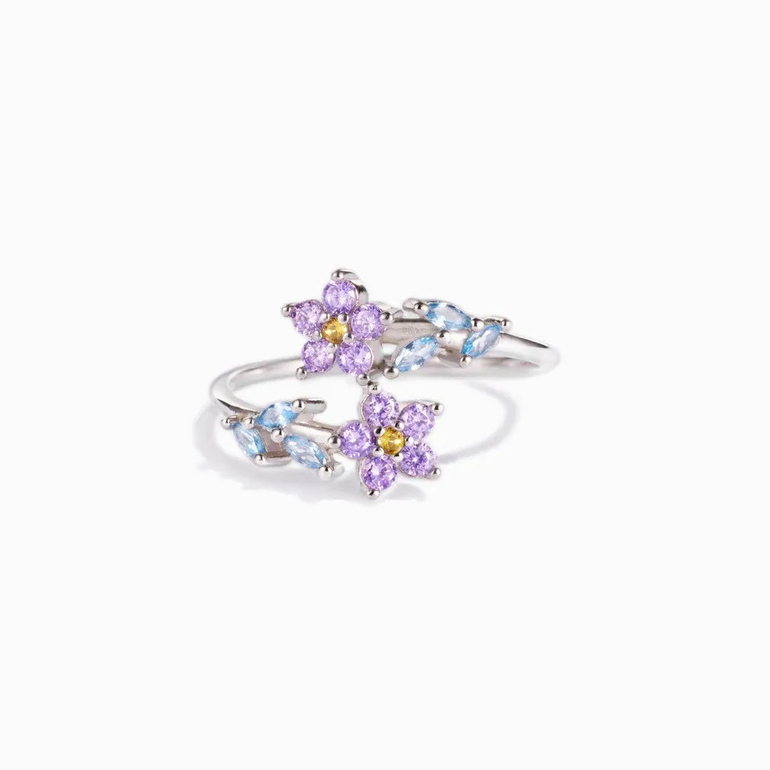 Women's Silver Adjustable Flower Open Ring Purple and Blue Crystal Floral Design Elegant Romantic Fashion Jewelry Gift Wholesale