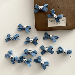 Cute Sweet Fashion Bowknot Denim Heart Shaped Hair Clips for Baby Girls Chic Alligators for Kids Children Hair Accessories