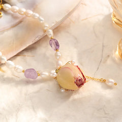 Female  Charms Luxury Freshwater Pearl Natural Stone Dried Rose Flowers Bracelet Low MOQ in Stock Elegant Jewelry for Causal