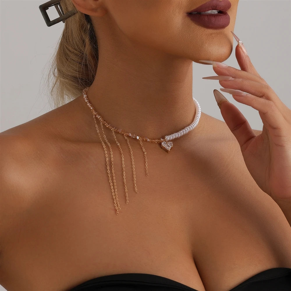 Fashion Tassel Heart Shaped Imitation Pearl Glitter Necklaces for Girls Sweet Elegant Jewelry for Women Ladies Accessories