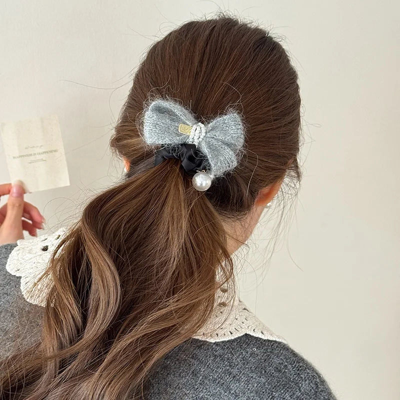 Elegant French Style Imitation Pearl Bowknot Scrunchies for Girls Sweet Cute Hair Ties for Women Ladies Hair Accessories Chic