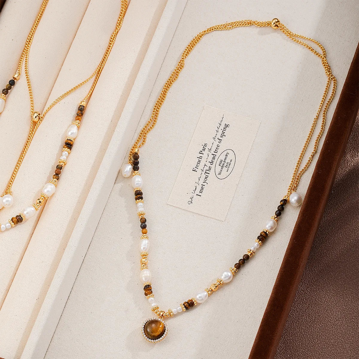 Female Fashion Freshwater Pearl 18k Gold-plated Zircon Tiger Eye Stone Necklace Low MOQ Brown Jewelry for Women Causal Daily