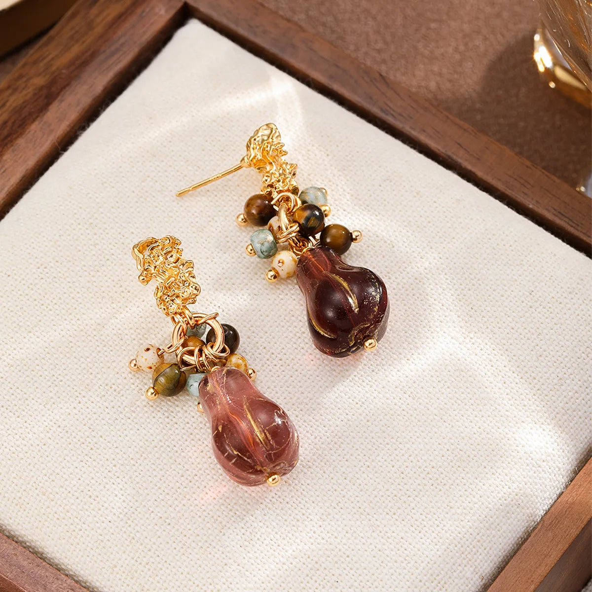 Women Brown Green Czech Beads Natural Stone S925 Silver 18k Gold-plated Earring Fashion Elegant Dainty in Stock Daily Jewelry