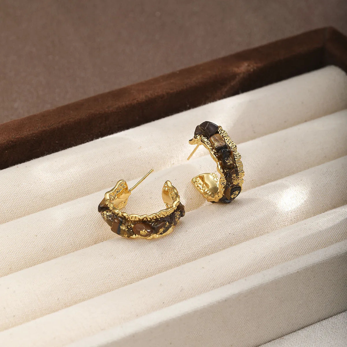 Fashion Tiger Eye Stone Blue Turquoise Shell 18K Gold Plated S925 Silver Hoop Earrings for Girl Jewelry for Women Lady Wholesale