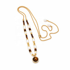 Female Fashion Freshwater Pearl 18k Gold-plated Zircon Tiger Eye Stone Necklace Low MOQ Brown Jewelry for Women Causal Daily