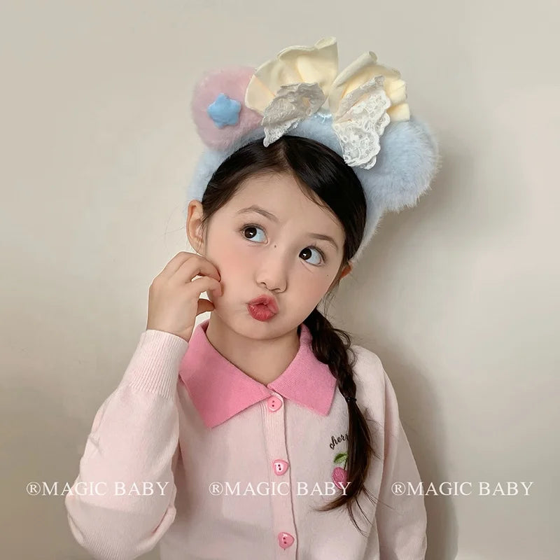 Animals Bear Bowknot Fluffy Cartoon Head Band for Baby Girls Cartoon Lovely Hair Band for Kids Child Hair Accessories in Stock