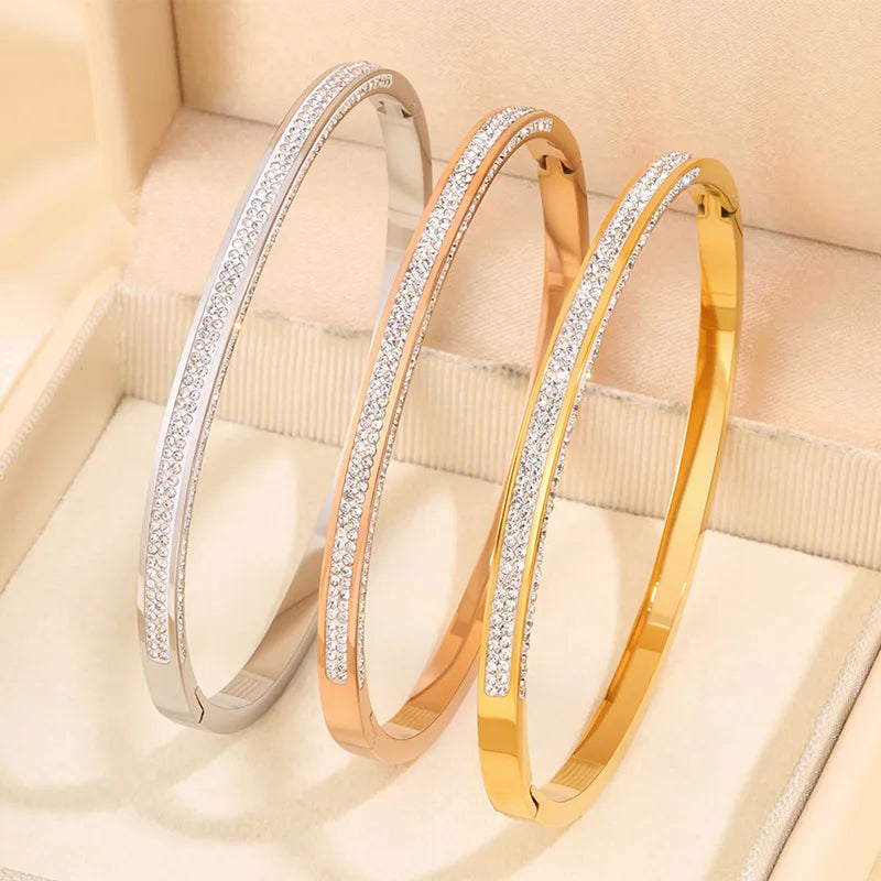 Fashion Glitter Zircon Bangles Stainless Steel Trendy Glamorous Classic Modern Jewelry for Women Bracelets Accessories Wholesale