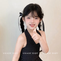 Girls Black White Ribbon Bowknot Small Scrunchies Ponytail Holder Elegant Fashion in Stock Hair Ties for Children Kids Daily Use