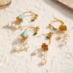 Fashion Freshwater Pearl Copper 18K Gold Plated S925 Silver Flower Drop Earrings for Girls Elegant Jewelry for Women Ladies