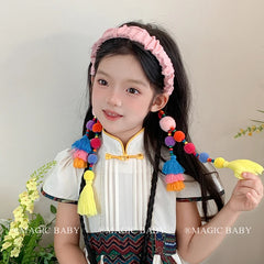 Girly Aesthetic Colorful Bobbles Ribbon Wide Headbands Elegant Sweet Stock Hairbands Accessories for Kids and Children