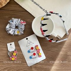 Girls Silver Button Bowknot Chic Headbands Hair Clips Scrunchy Sets Fashion Chic Hair Accessories for Children Thick Thin Hair