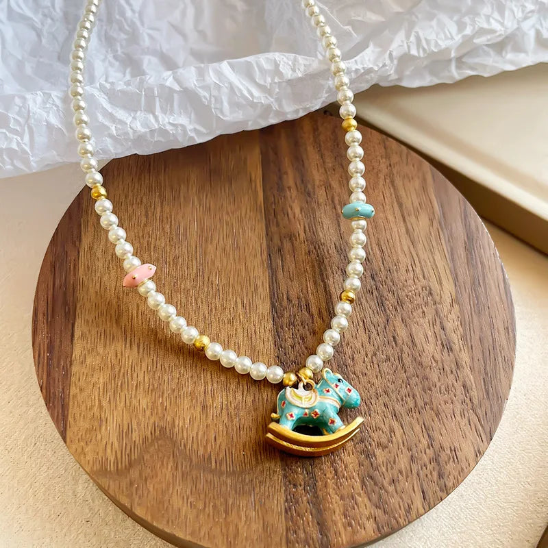 Women Drip Glaze Hand-Painted Graffiti Imitation Pearl 18k Gold-plated Bracelet Necklace Elegant Fashion in Stock Jewelry Sets