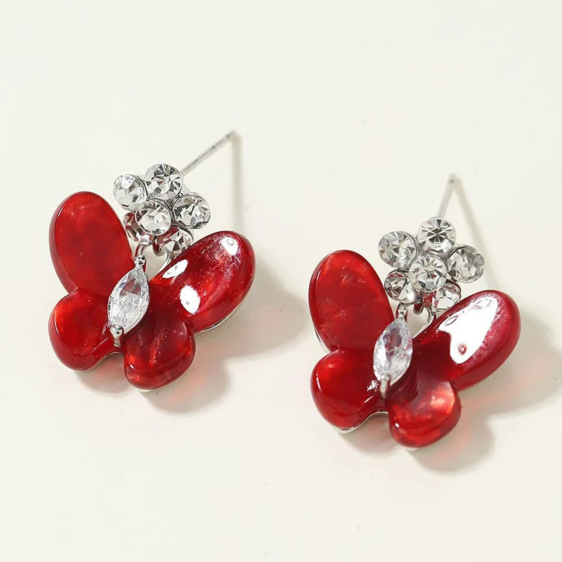 Luxury Glamorous Glitter Butterfly Fruits Cherry Stud Earrings for Girls Sweet Flower Floral Jewelry for Women Lady Accessories